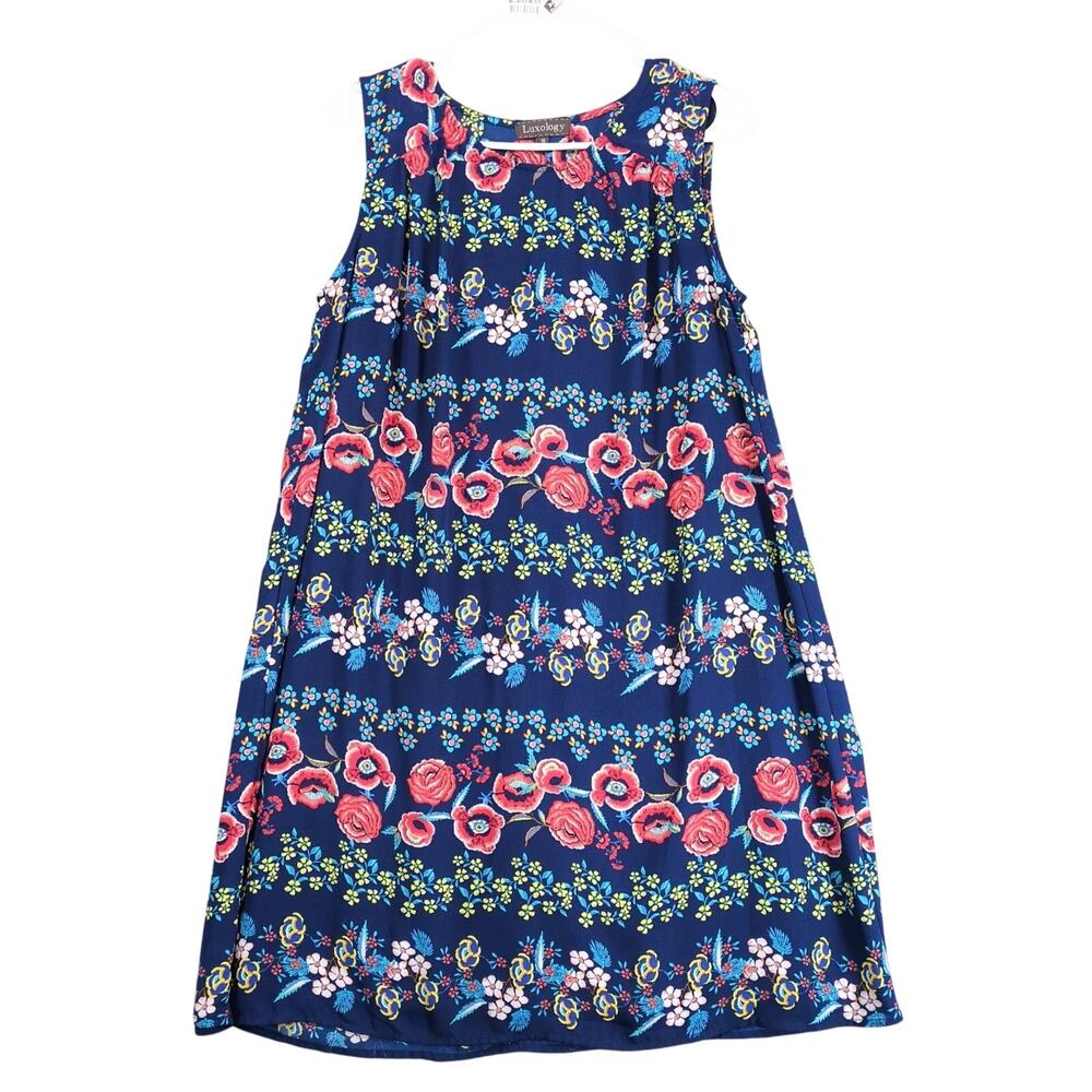 Luxology Blue Floral Sleeveless Shift Dress Sz 10 Flowy Resort Beach Cottagecore